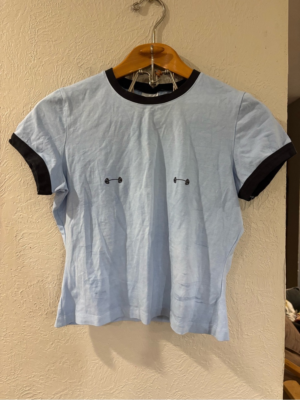 Gymshark Blue/Black crop short sleeve t-shirt barbell graphics size M